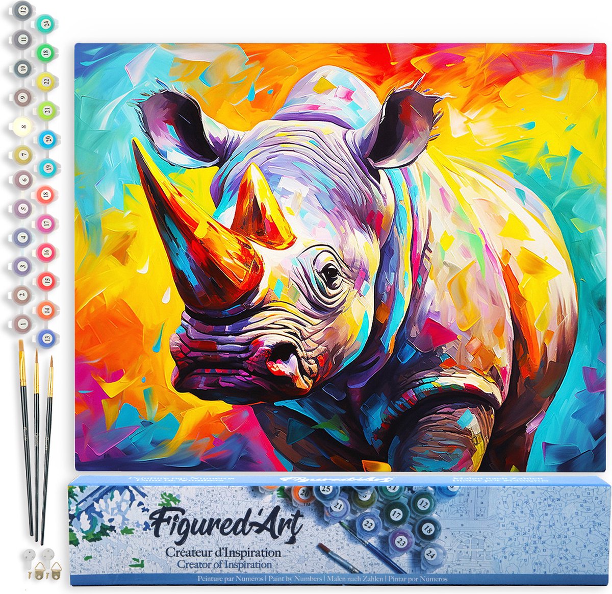FiguredArt Schilderen op Nummer Volwassenen canvas Kleurrijke Abstracte Neushoorn- Handwerk acrylverf Kit DIY Compleet - 40x50cm zonder frame